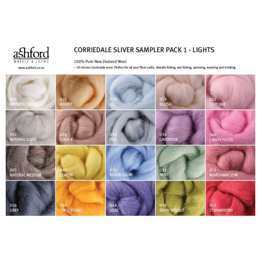 Ashford Corriedale Sliver Sample Pack (Lights) colour chart - Thread Collective Australia